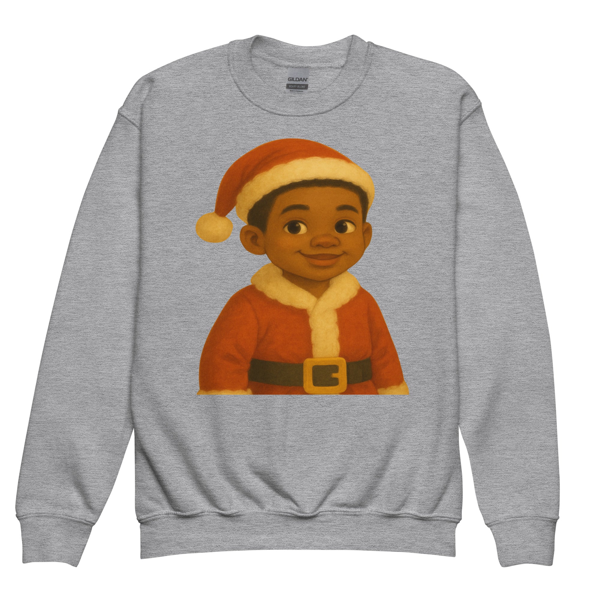 Black Boy Santa Sweatshirt featuring a smiling African American Santa boy character in a cozy Christmas design for Black kids.