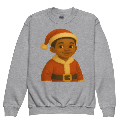 Black Boy Santa Sweatshirt featuring a smiling African American Santa boy character in a cozy Christmas design for Black kids.