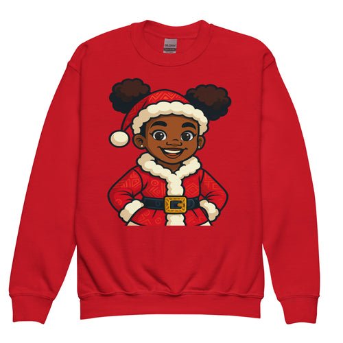 Kids holiday sweatshirt with Black girl Santa design; Christmas shirt for African American girls celebrating holiday pride and representation.