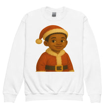 Black Boy Santa Sweatshirt featuring a smiling African American Santa boy character in a cozy Christmas design for Black kids.