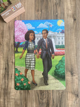 Cartoon-style puzzle illustration inspired by Barack and Michelle Obama celebrating Black love and Black history